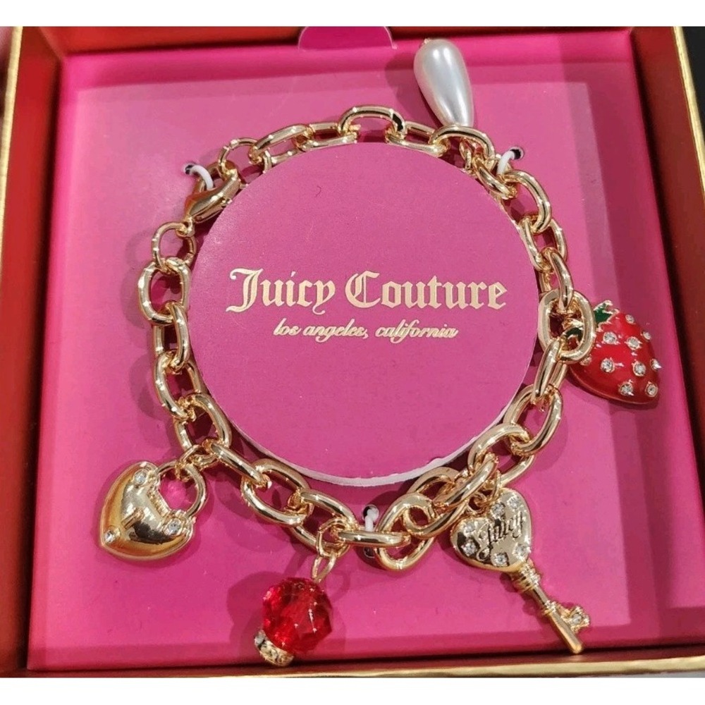 New Juicy Couture Goldtone Charm Bracelet 5 Charms Logo Y2K